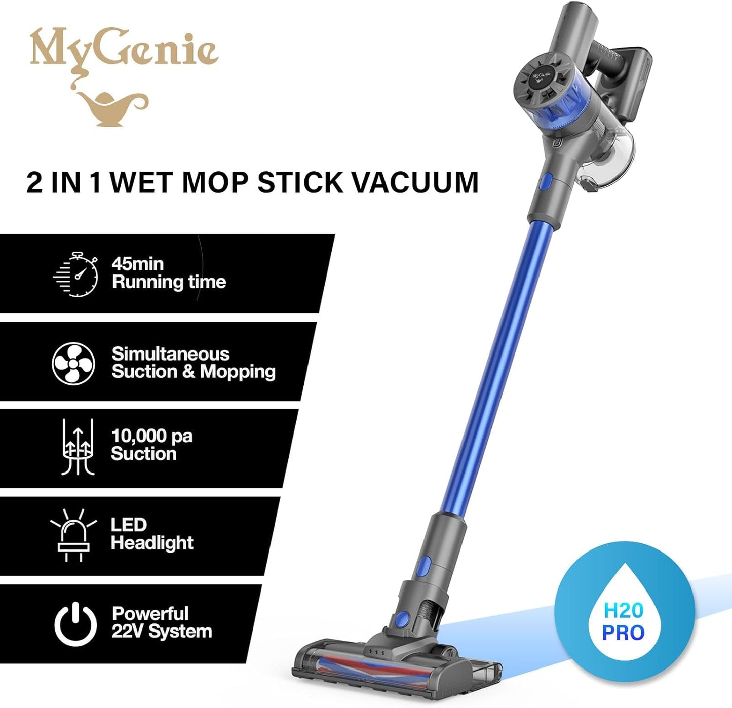 Mygenie H20 Pro Wet Mop 2-in-1 Cordless Stick Vacuum (Blue)