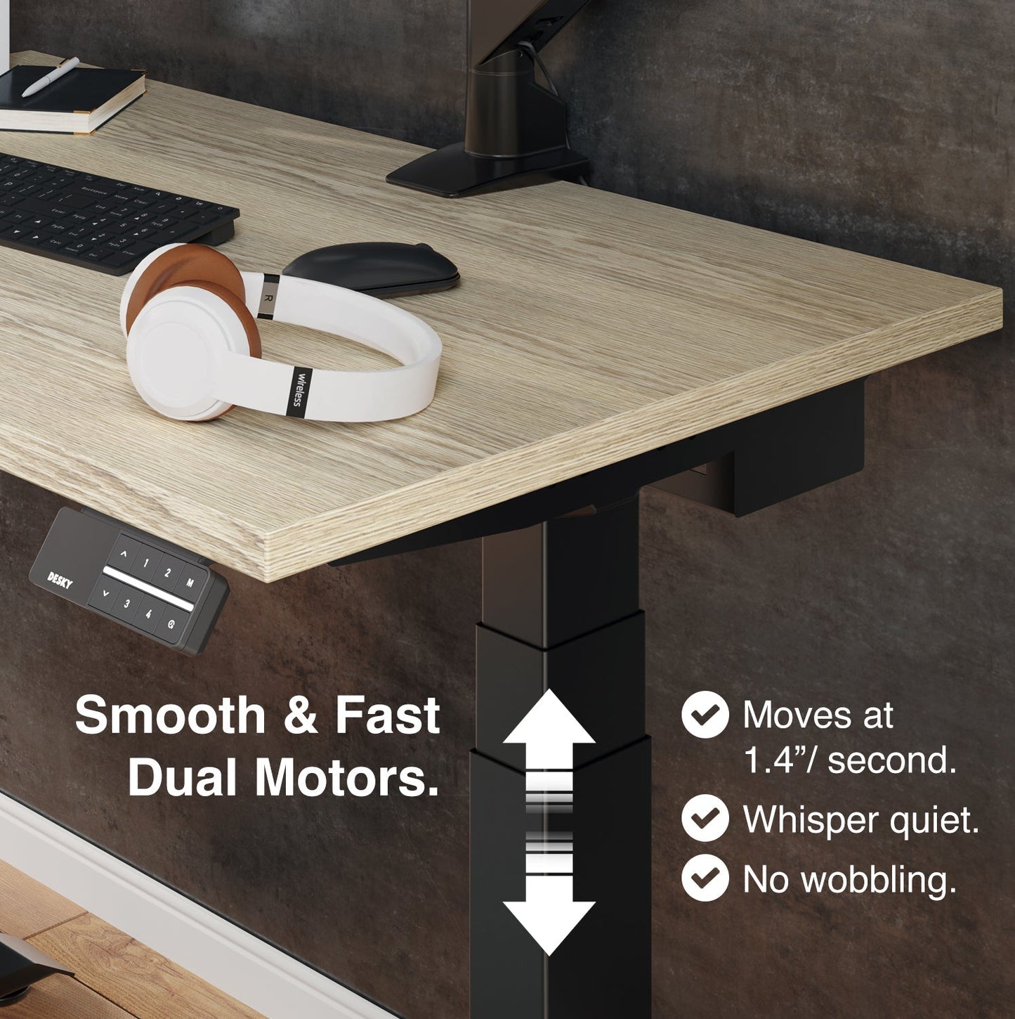 Desky Dual Mini Sit Stand Desk 1100x600 Classic Oak Desktop and Matte Black Frame