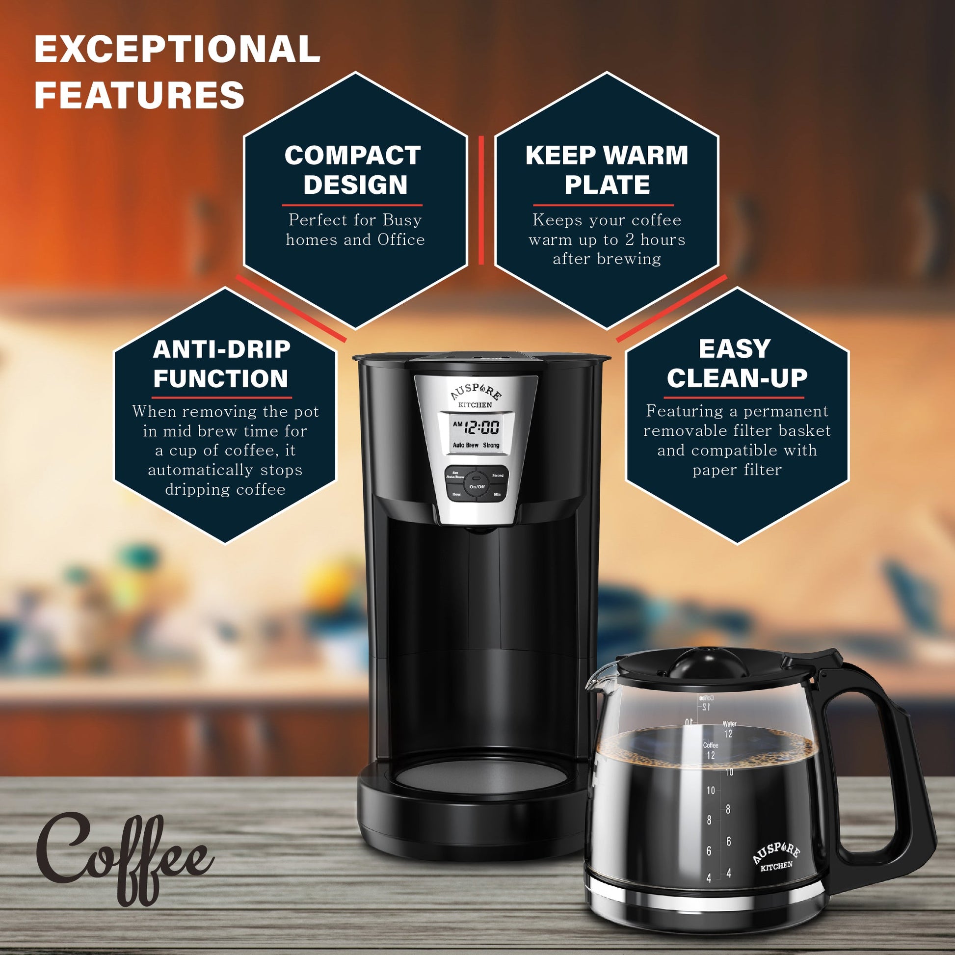 AUSPURE Coffee Maker 1.8L, Programmable Drip Coffee, 12 Cup, Auto Brew