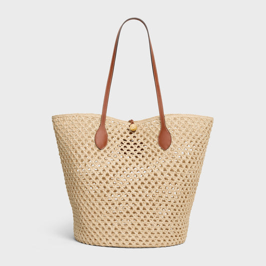 Bucket Triomphe Beads Basket in Raffia and Calfskin