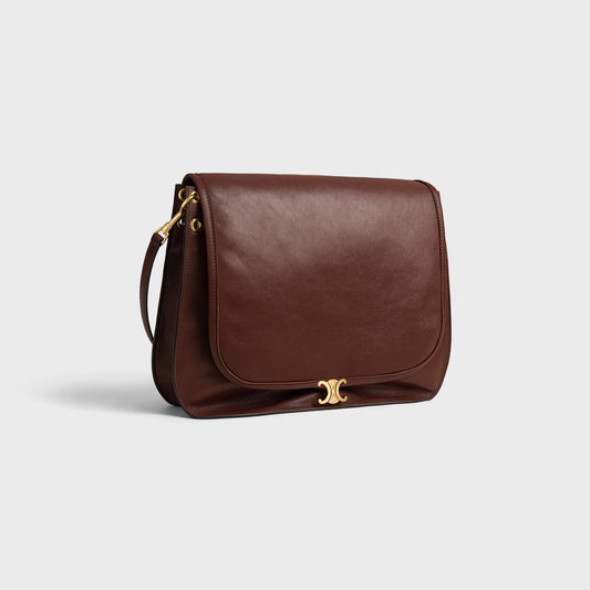 Soft Triomphe Besace in Supple Shiny Lambskin - Deep Brown - three-quarter front view