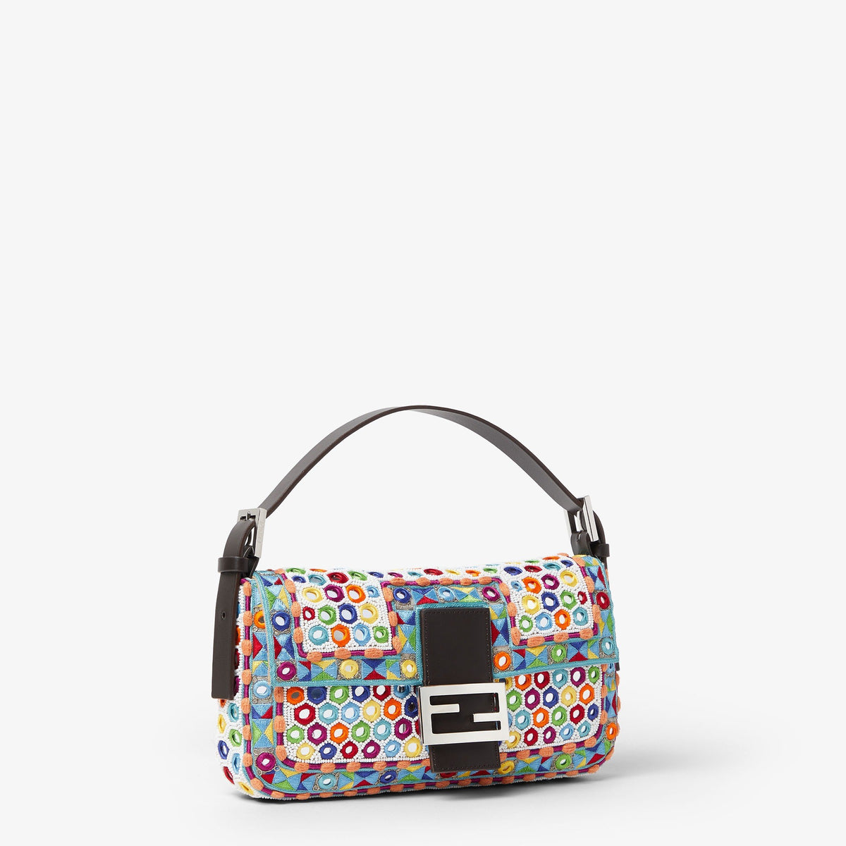 Fendi Baguette 26424 Multicolour Re-Edition Bag with Embroidery and Mirrors - angled view