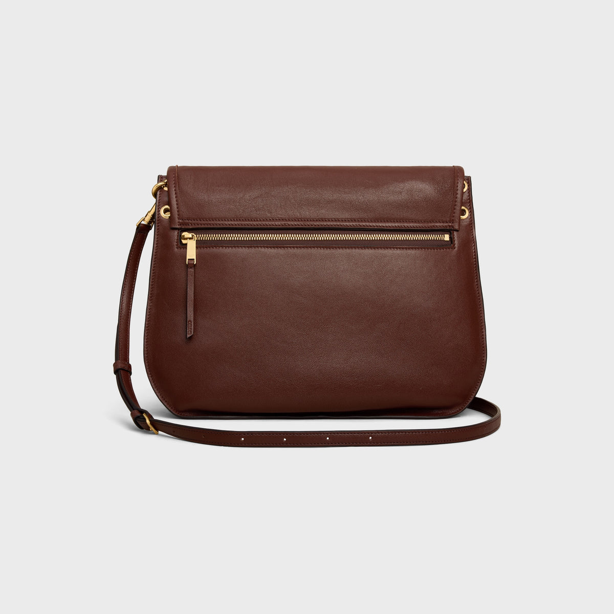Soft Triomphe Besace in Supple Shiny Lambskin - Deep Brown - back view with zip pocket