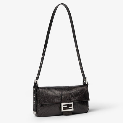 Fendi Baguette Soft Medium Crackled Black Leather Bag - angled view