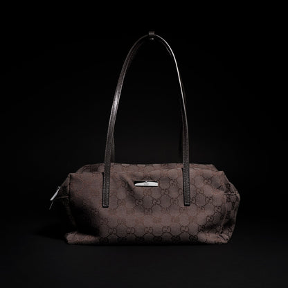Gucci Melrose medium boston bag in dark brown GG canvas - detail view