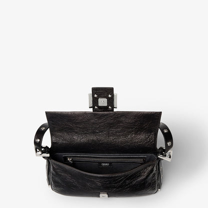 Fendi Baguette Soft Medium Crackled Black Leather Bag - interior view