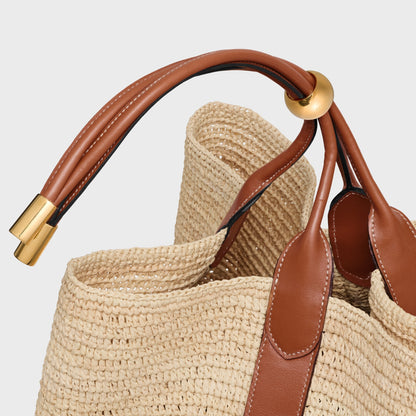 Large Drop Bucket Bag in Raffia and Calfskin