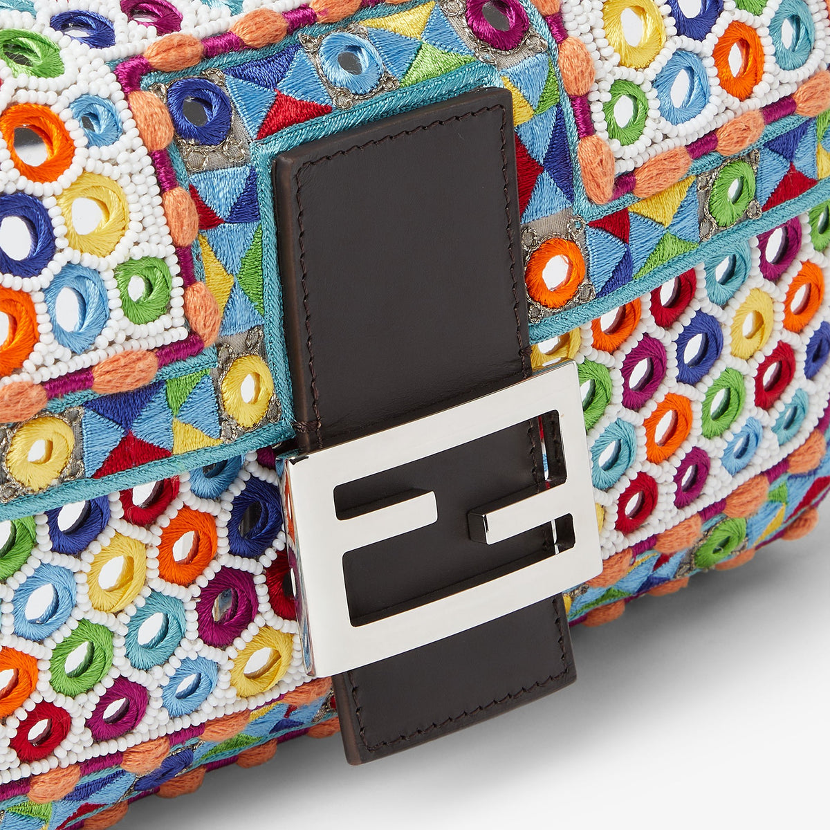 Fendi Baguette 26424 Multicolour Re-Edition Bag with Embroidery and Mirrors - FF clasp detail