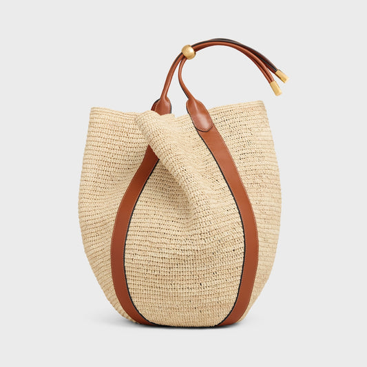 Large Drop Bucket Bag in Raffia and Calfskin